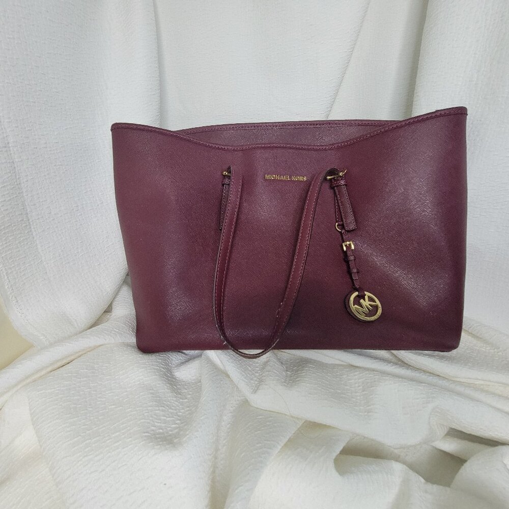 Michael Kors Saffriano Leather Tote Shoulder Bag Jet Set Shopper Bag Burgundy